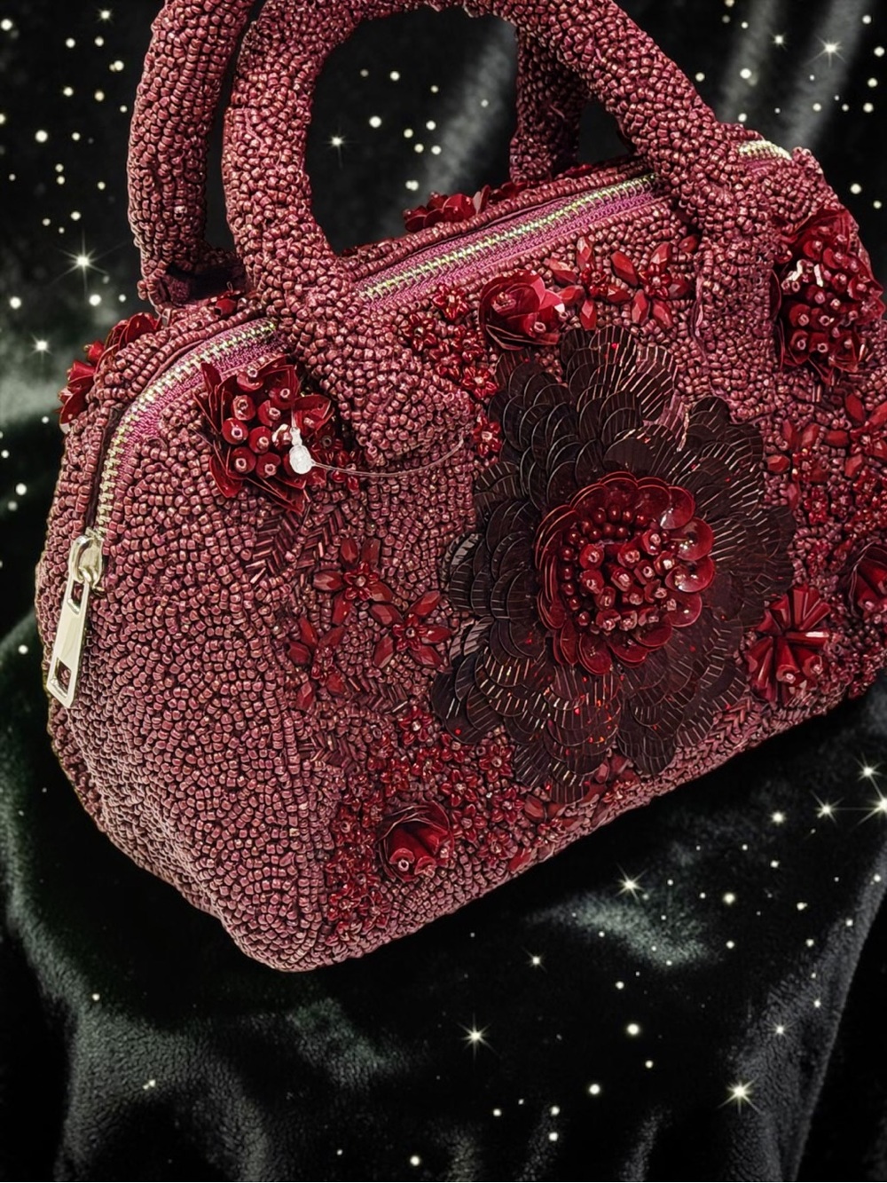 NWOT Viral Handcrafted Beaded Floral Bag Burgundy Wine India Boutique GORGEOUS!
